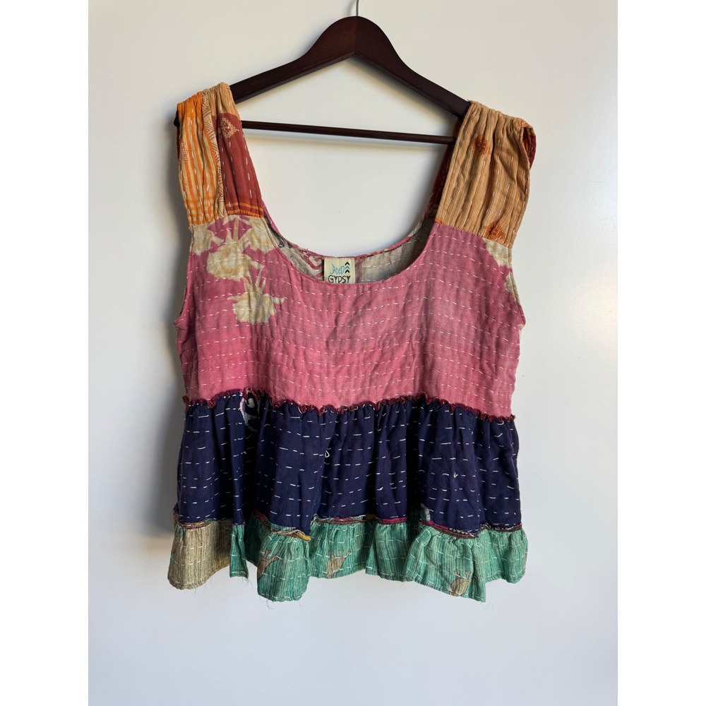 Jaded Gypsy Kantha Quilt Patchwork Ruffle Tank Top Boho MultiColor One Size JG98